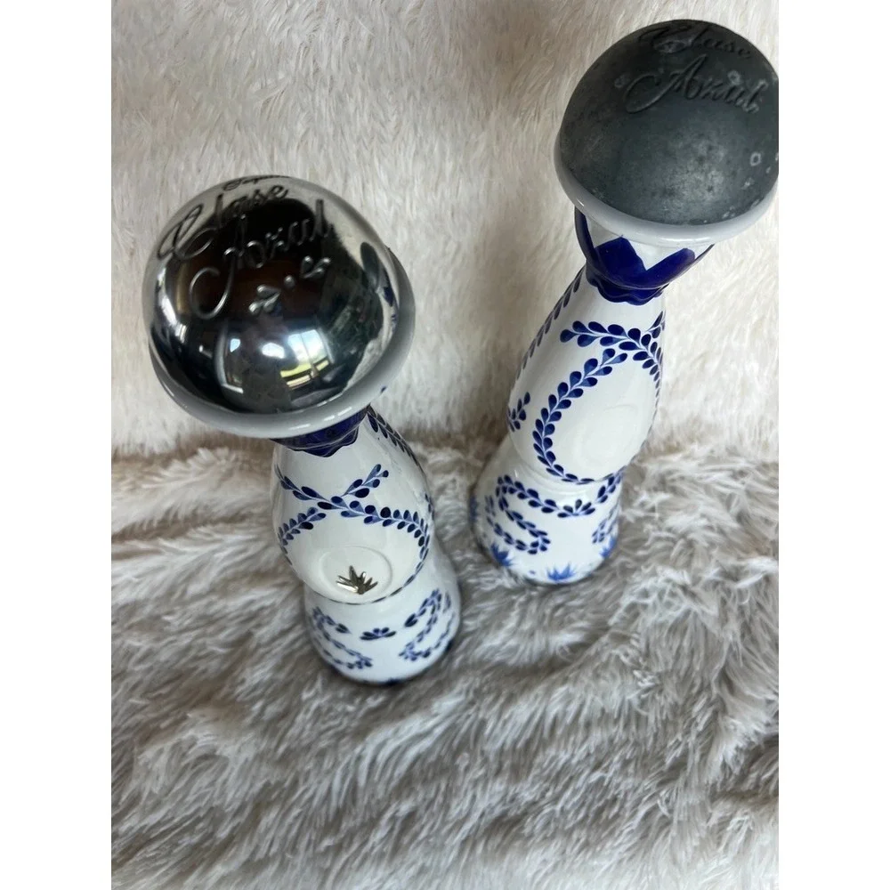Clase Azul Empty Tequila‎ Bottles Set Hand Painted Ceramic Blue White Decor Bar